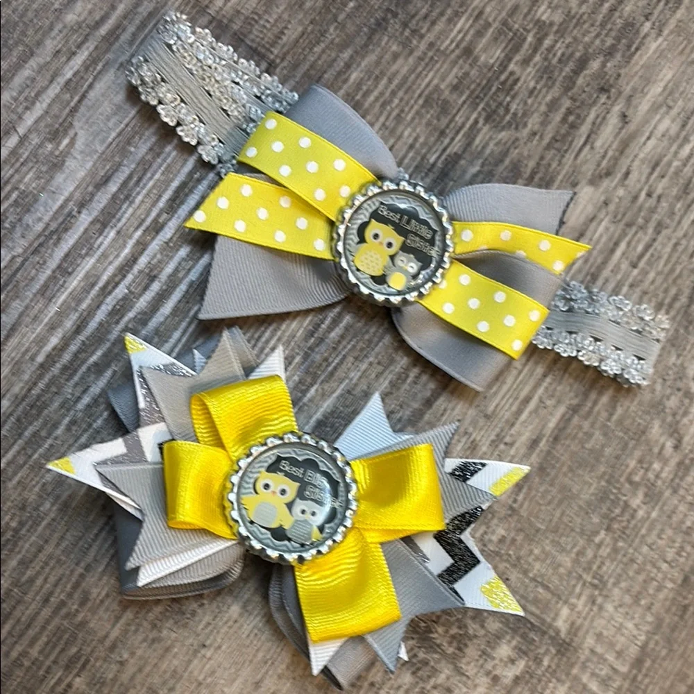 Big and little sister set of Yellow and Gray Decorative Hair Accessories owl